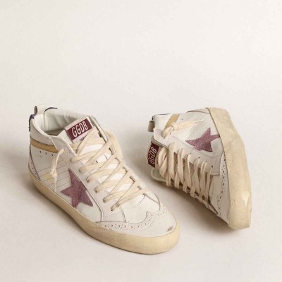 Golden Goose Mid Star Sneakers With Pink Suede Star And Gold Metallic Leather Flash