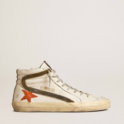 Golden Goose Nappa Leather Slide Sneakers With Orange Croc-print Star And Green Suede Flash