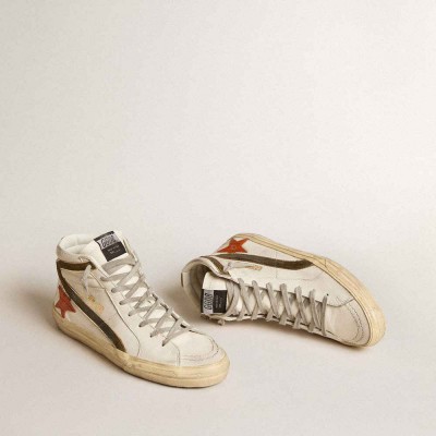 Golden Goose Nappa Leather Slide Sneakers With Orange Croc-print Star And Green Suede Flash