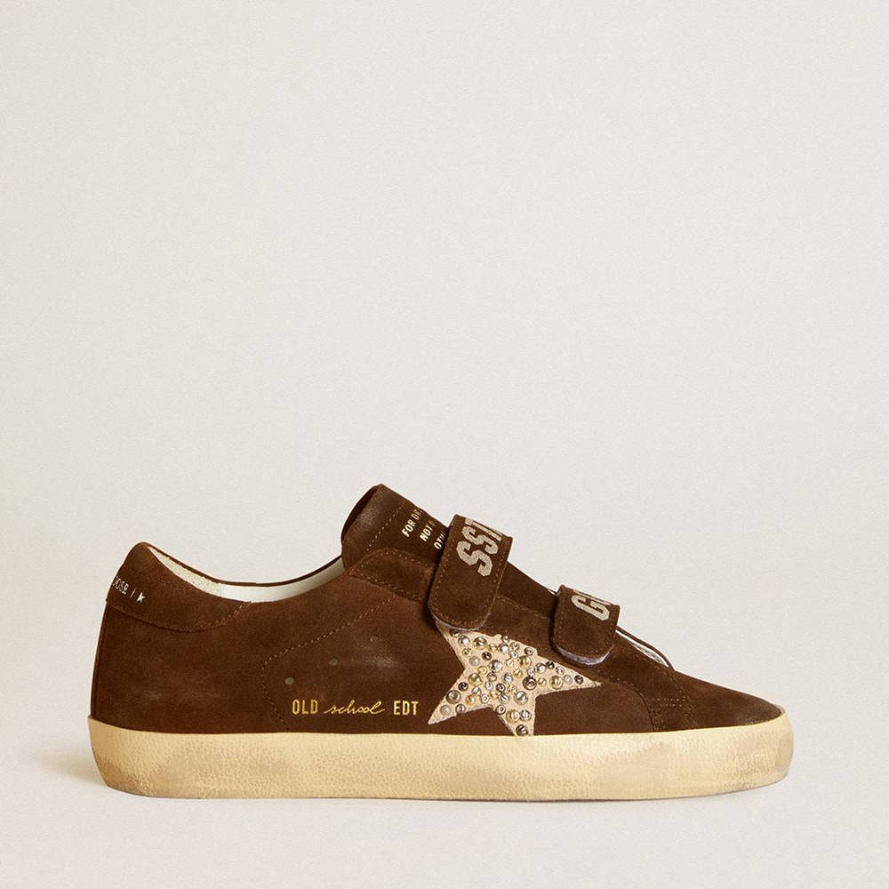 Golden Goose Old School Sneakers In Brown Suede With Beige Suede Star With Studs And Pearls