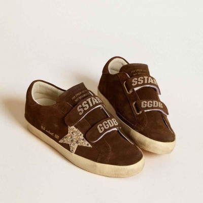 Golden Goose Old School Sneakers In Brown Suede With Beige Suede Star With Studs And Pearls