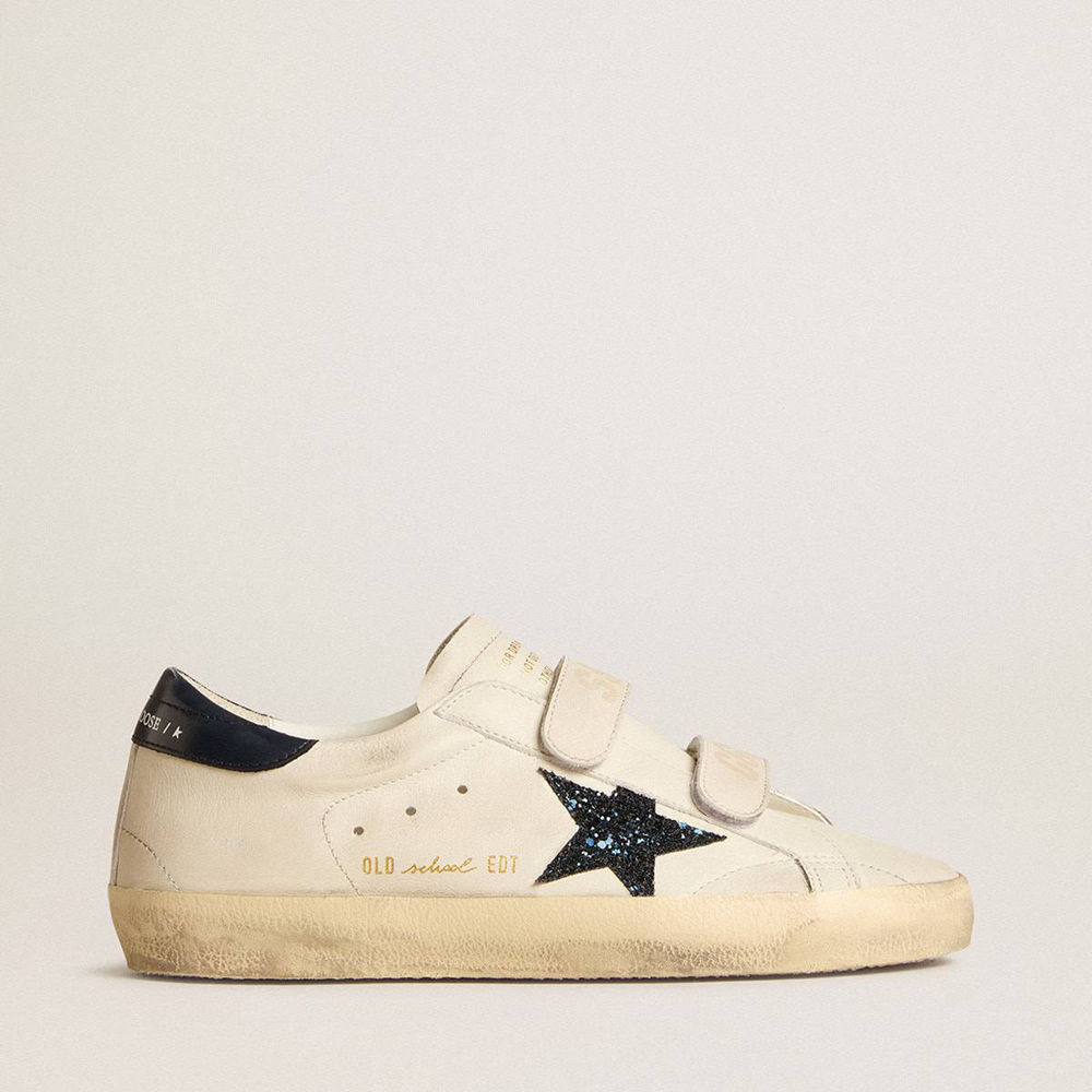 Golden Goose Old School Sneakers In Leather With Blue Glitter Star And Blue Leather Heel Tab