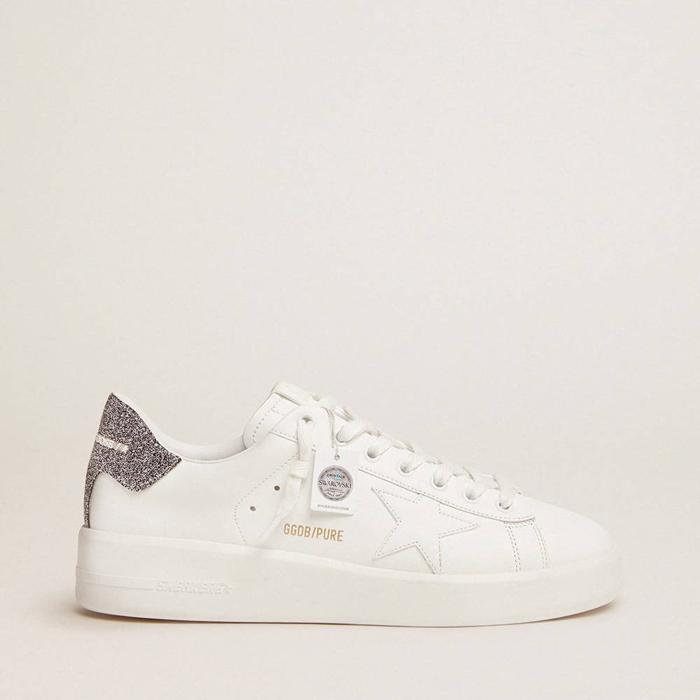 Golden Goose Purestar Sneakers In White Leather With Silver Swarovski Crystal Heel Tab
