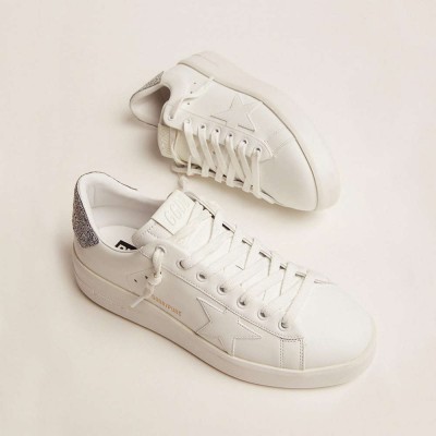 Golden Goose Purestar Sneakers In White Leather With Silver Swarovski Crystal Heel Tab