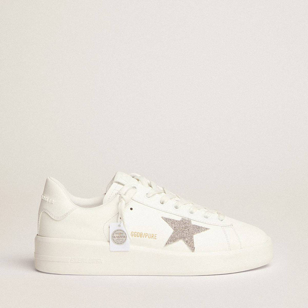 Golden Goose Purestar Sneakers In White Leather With Silver Swarovski Crystal Star
