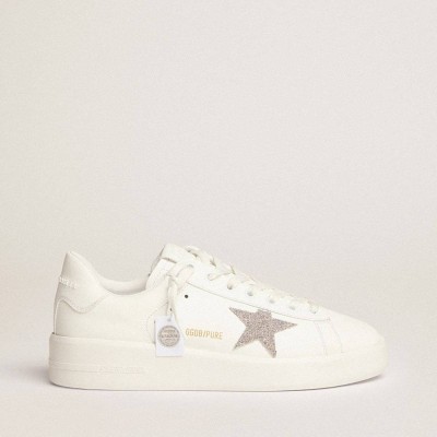 Golden Goose Purestar Sneakers In White Leather With Silver Swarovski Crystal Star