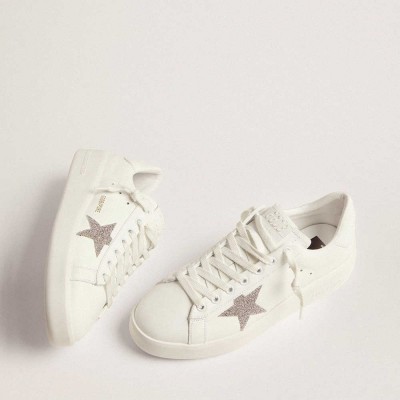 Golden Goose Purestar Sneakers In White Leather With Silver Swarovski Crystal Star