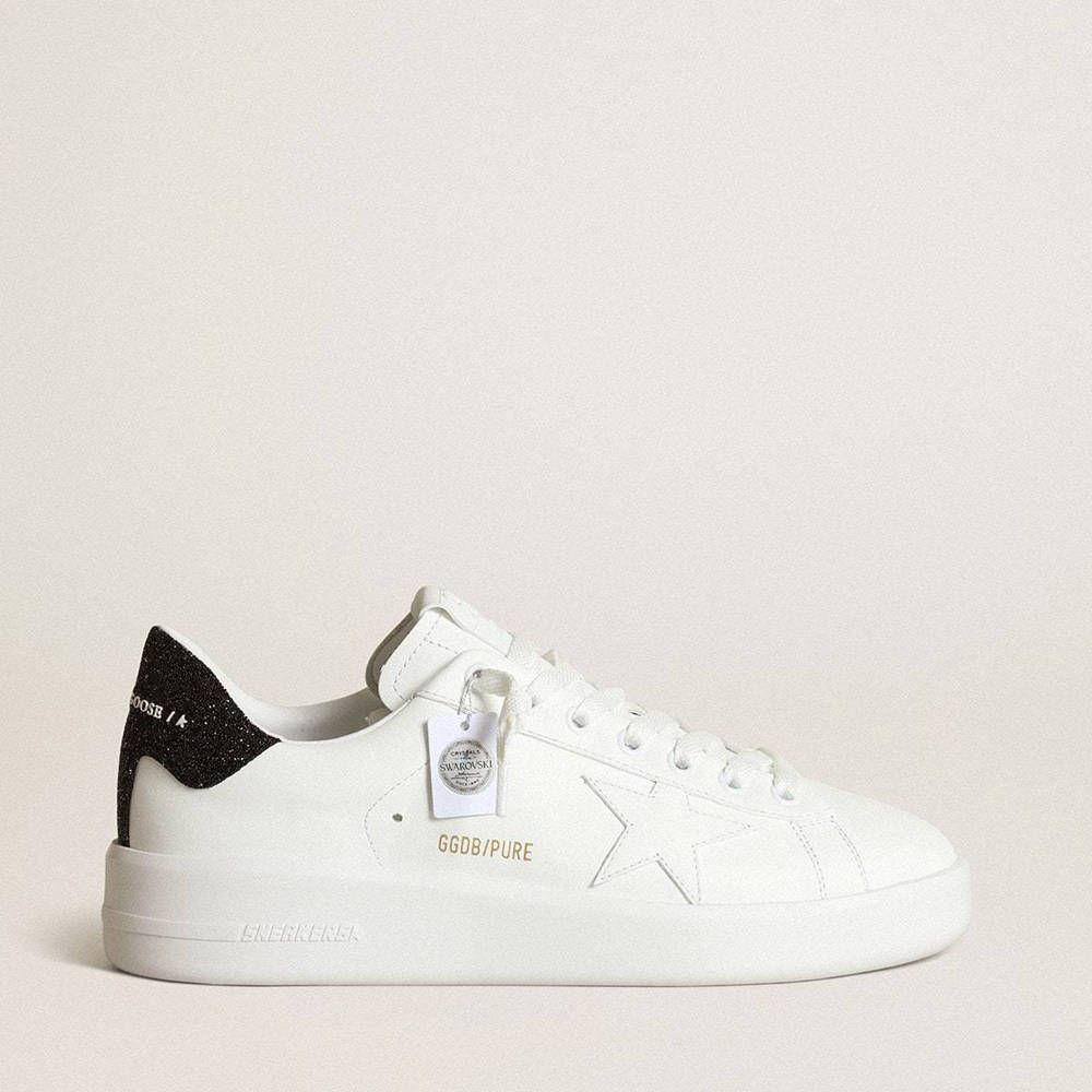 Golden Goose Purestar Sneakers In White Leather With Tone-on-tone Star And Heel Tab In Black Swarovski Crystals