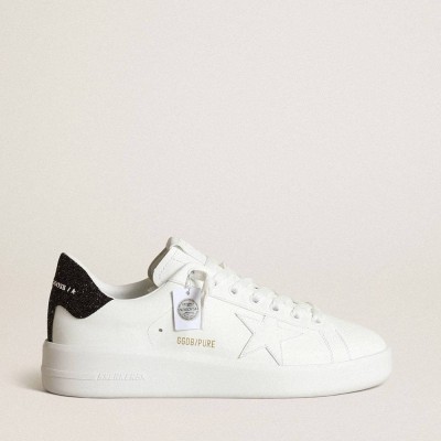Golden Goose Purestar Sneakers In White Leather With Tone-on-tone Star And Heel Tab In Black Swarovski Crystals