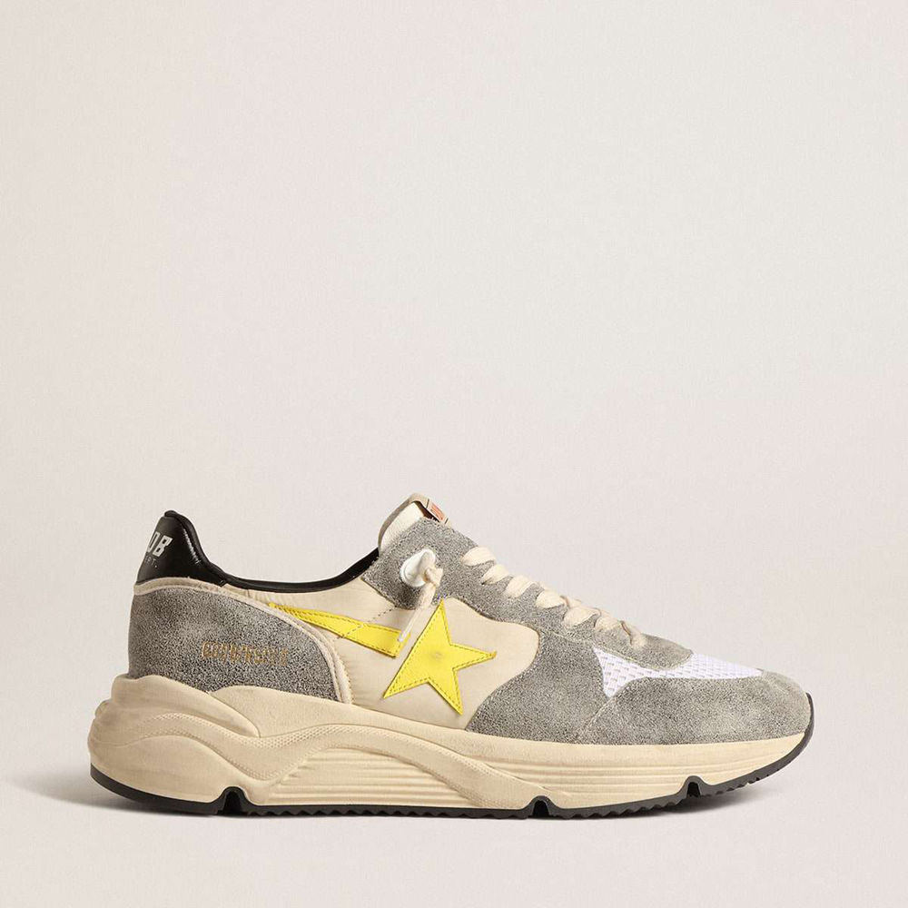 Golden Goose Running Sole Shoes In Beige Nylon And Gray Suede With Yellow Star