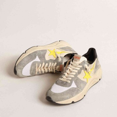 Golden Goose Running Sole Shoes In Beige Nylon And Gray Suede With Yellow Star