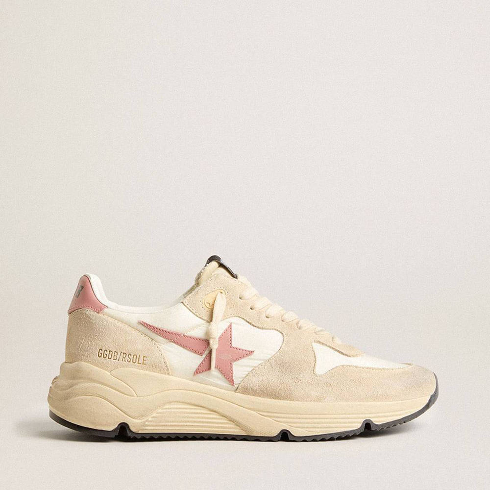 Golden Goose Running Sole Shoes In Beige Nylon With Pink Leather Star And Heel Tab
