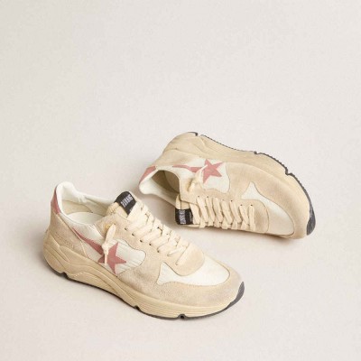 Golden Goose Running Sole Shoes In Beige Nylon With Pink Leather Star And Heel Tab