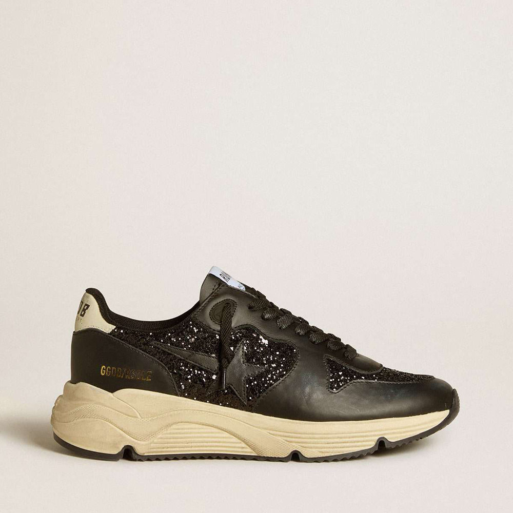 Golden Goose Running Sole Shoes In Black Glitter With Leather Star And Nubuck Heel Tab