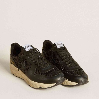 Golden Goose Running Sole Shoes In Black Glitter With Leather Star And Nubuck Heel Tab