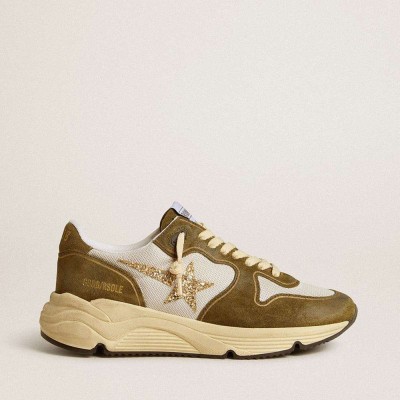 Golden Goose Running Sole Shoes In Brown Suede And Mesh With Gold Glitter Star