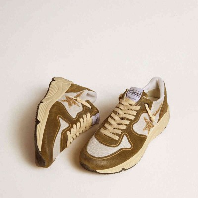 Golden Goose Running Sole Shoes In Brown Suede And Mesh With Gold Glitter Star