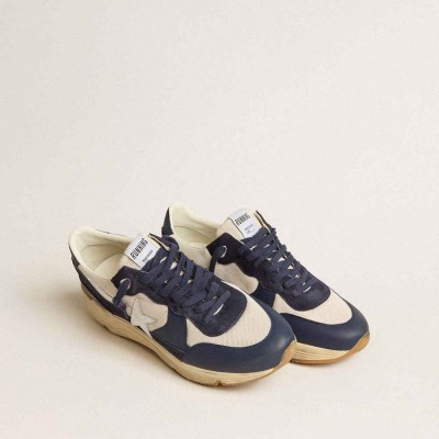 Golden Goose Running Sole Shoes In Cream Mesh And Blue Leather With A White Leather Star