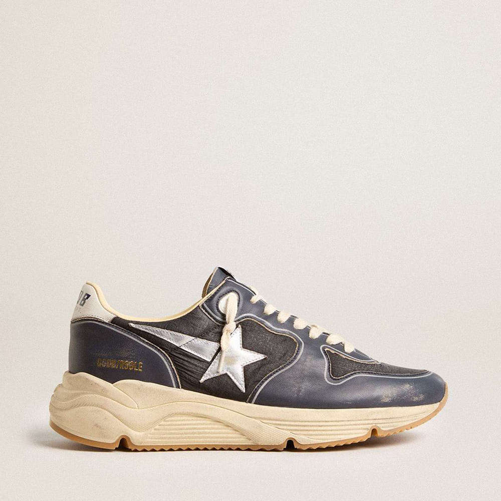 Golden Goose Running Sole Shoes In Dark Blue Nappa Leather And Black Nylon With A Silver Star