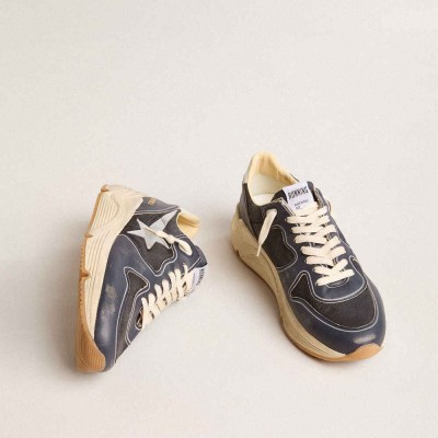 Golden Goose Running Sole Shoes In Dark Blue Nappa Leather And Black Nylon With A Silver Star