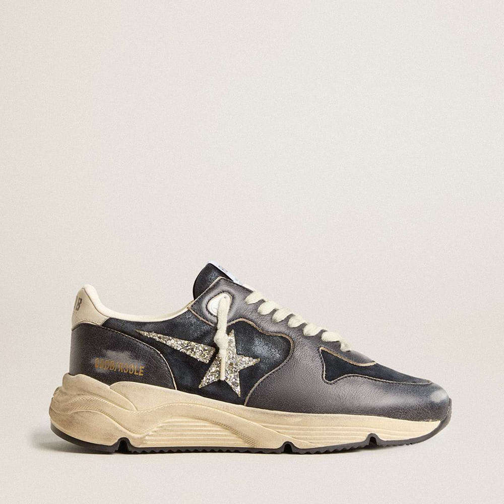 Golden Goose Running Sole Shoes In Dark Blue Suede With Silver Glitter Star