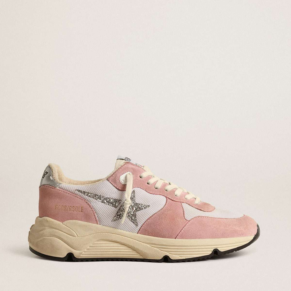Golden Goose Running Sole Shoes In Gray Mesh And Suede With Silver Glitter Star