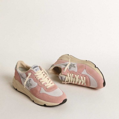 Golden Goose Running Sole Shoes In Gray Mesh And Suede With Silver Glitter Star
