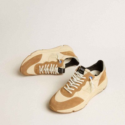 Golden Goose Running Sole Shoes In Ivory Nylon And Tobacco Suede