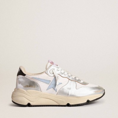 Golden Goose Running Sole Shoes In Nylon And Silver Metallic Leather With Light Blue Star
