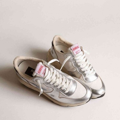 Golden Goose Running Sole Shoes In Nylon And Silver Metallic Leather With Light Blue Star