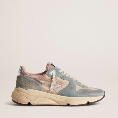 Golden Goose Running Sole Shoes In Pink Nylon And Light-blue Suede With Silver Leather Star