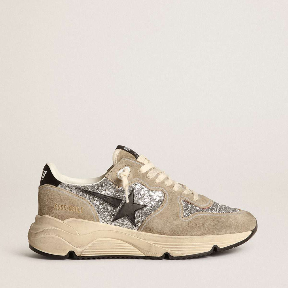 Golden Goose Running Sole Shoes In Silver Glitter And Dove Gray Suede