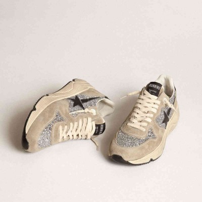 Golden Goose Running Sole Shoes In Silver Glitter And Dove Gray Suede