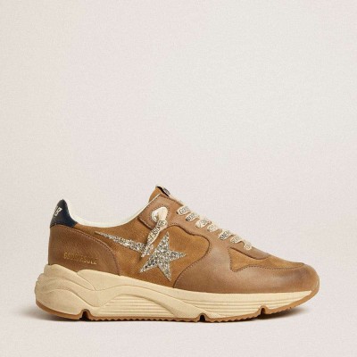 Golden Goose Running Sole Shoes In Tobacco-colored Nappa Leather And Suede With Silver Glitter Star