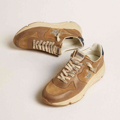Golden Goose Running Sole Shoes In Tobacco-colored Nappa Leather And Suede With Silver Glitter Star