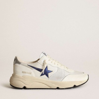 Golden Goose Running Sole Shoes In White Leather And Mesh With Blue Laminated Leather Star