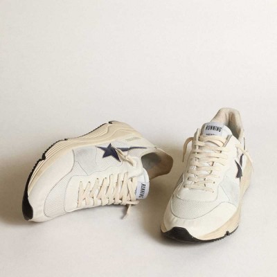 Golden Goose Running Sole Shoes In White Leather And Mesh With Blue Laminated Leather Star