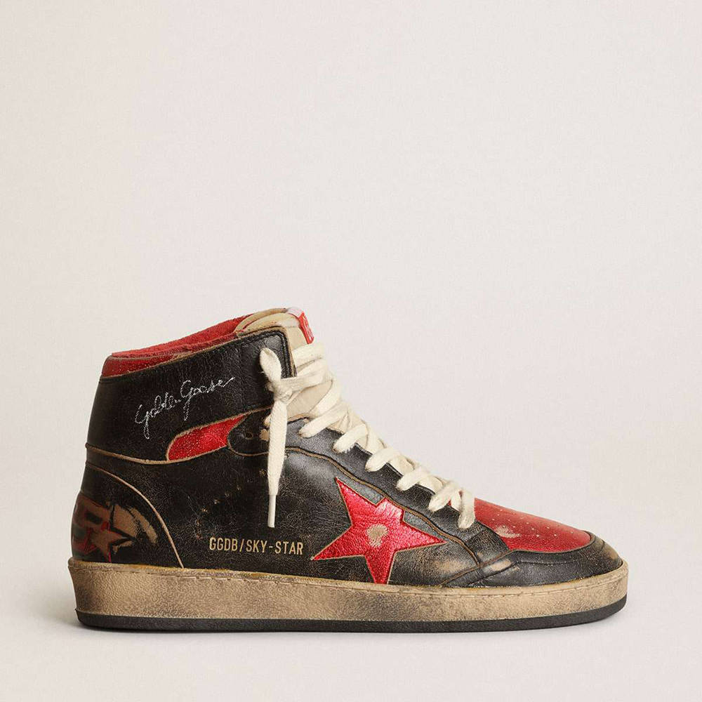 Golden Goose Sky-Star Sneakers In Black Glossy Leather With Red Star