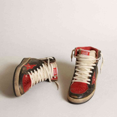 Golden Goose Sky-Star Sneakers In Black Glossy Leather With Red Star
