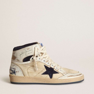 Golden Goose Sky-Star Sneakers In Cream-colored Nylon And Leather With Blue Suede Star