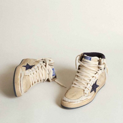Golden Goose Sky-Star Sneakers In Cream-colored Nylon And Leather With Blue Suede Star