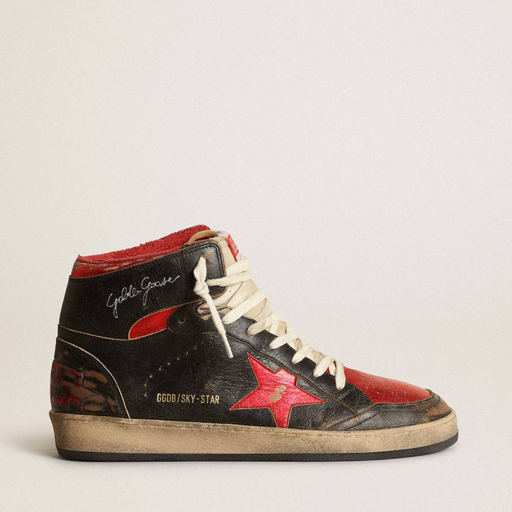 Golden Goose Sky-Star Sneakers In Glossy Black Leather With Red Star