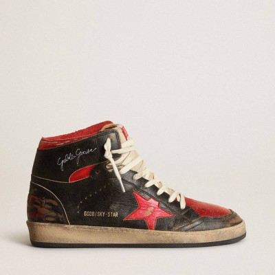 Golden Goose Sky-Star Sneakers In Glossy Black Leather With Red Star