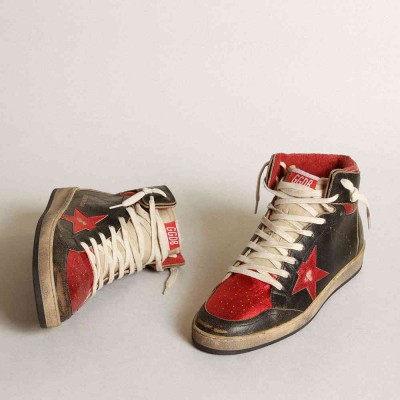 Golden Goose Sky-Star Sneakers In Glossy Black Leather With Red Star