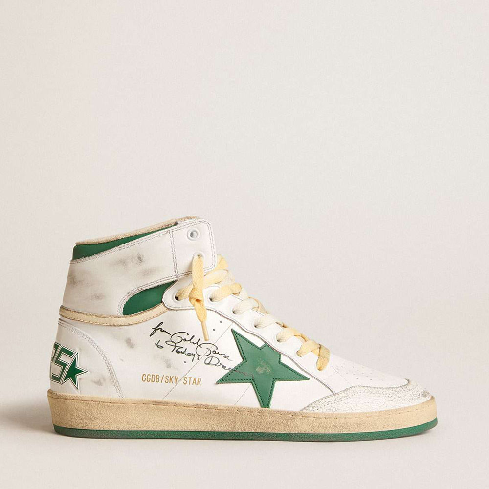 Golden Goose Sky-Star Sneakers In White Leather With Green Leather Star