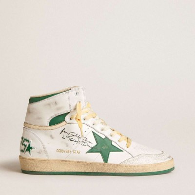 Golden Goose Sky-Star Sneakers In White Leather With Green Leather Star