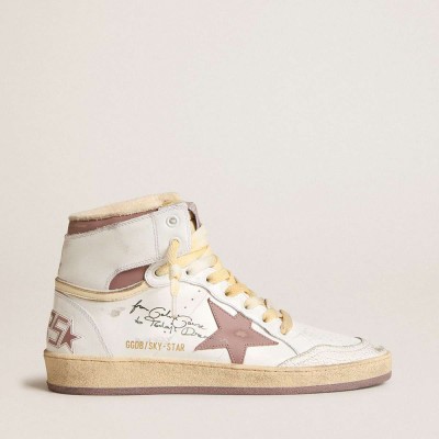 Golden Goose Sky-Star Sneakers In White Leather With Pink Leather Star