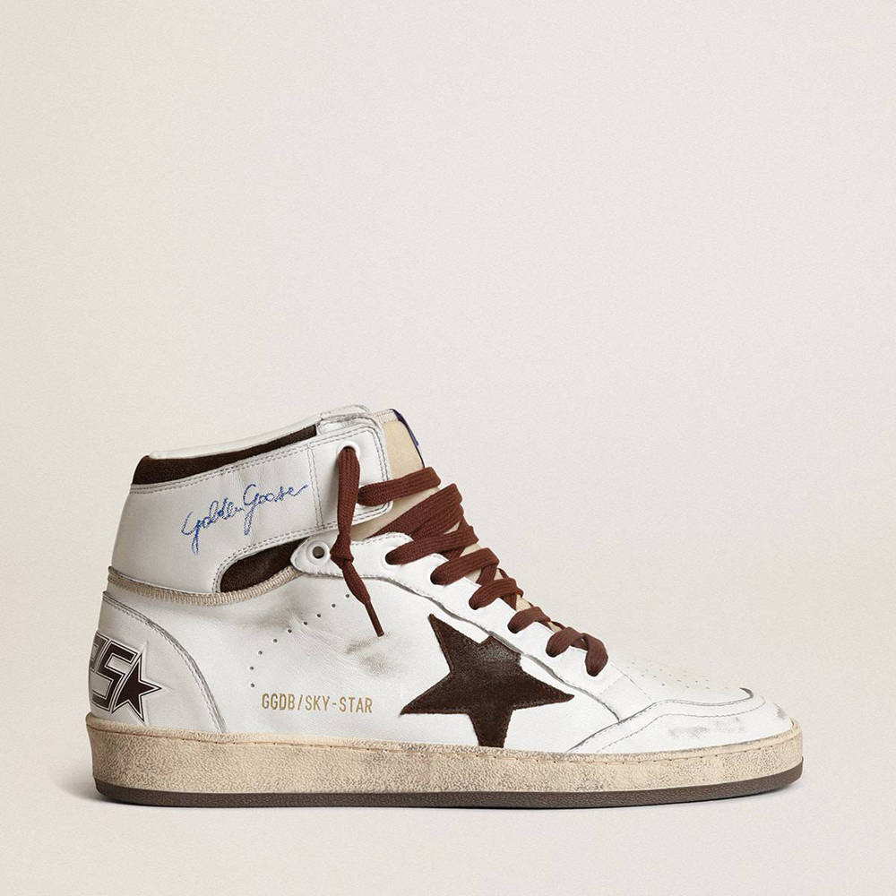 Golden Goose Sky-Star Sneakers In White Nappa Leather With A Chocolate Suede Star
