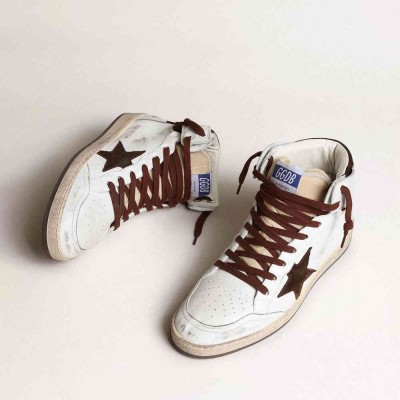 Golden Goose Sky-Star Sneakers In White Nappa Leather With A Chocolate Suede Star