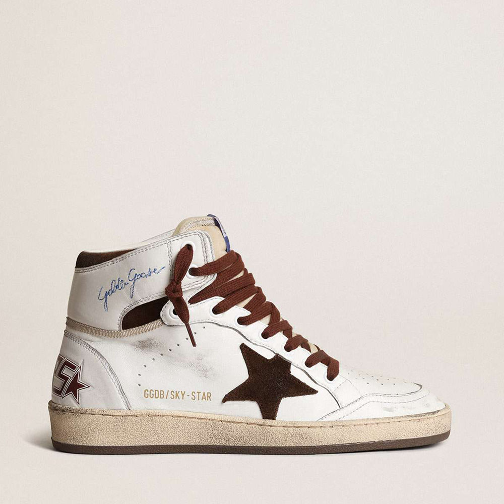 Golden Goose Sky-Star Sneakers In White Nappa Leather With Chocolate Suede Star